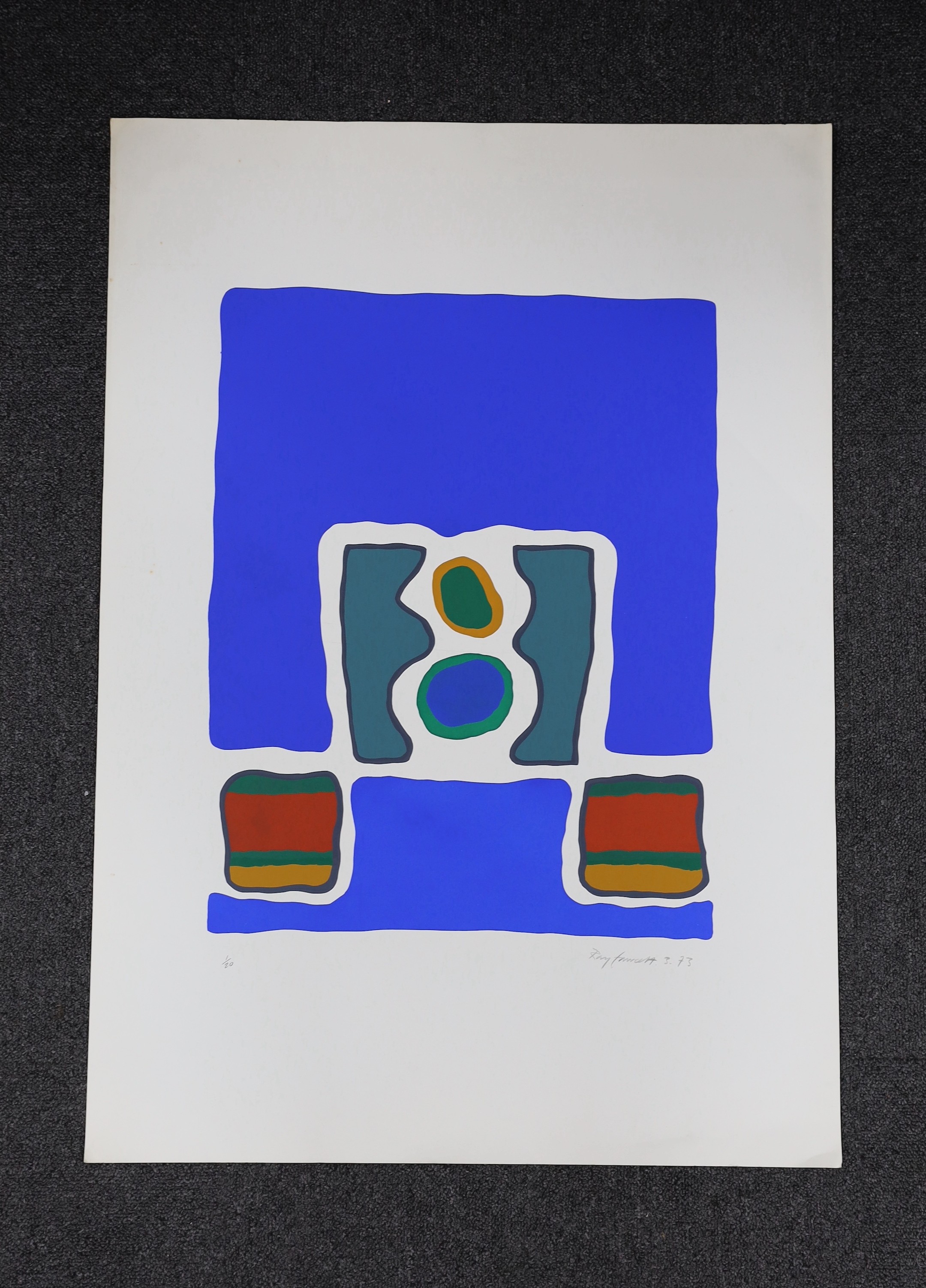 Raymond Fawcett (1934-1994), limited edition print, abstract blue, signed and dated 1973, 1/20, unframed